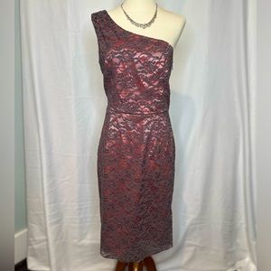 Spring cocktail dress, one shoulder, lace midi